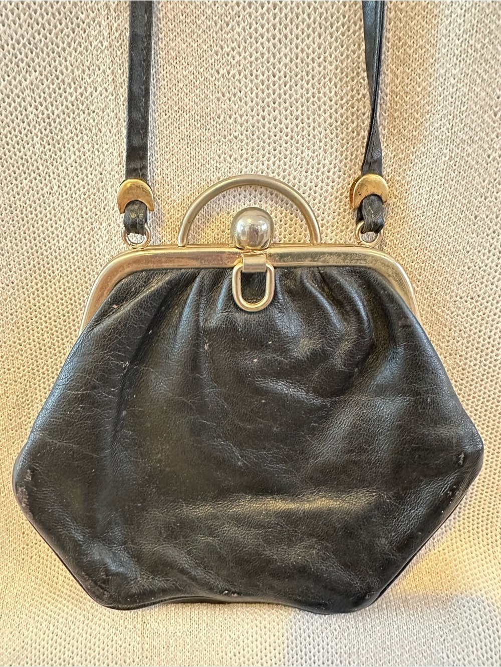 Vintage Black Leather Frame-Top Crossbody Bag
